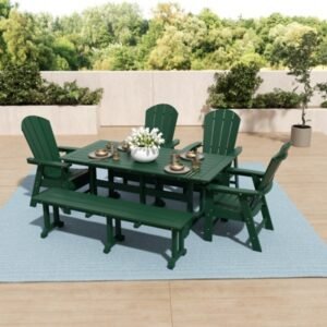 Laguna Outdoor Adirondack Dining Table and 4 Chairs and Bench, Dark Green