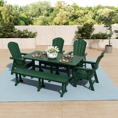 Laguna Outdoor Adirondack Dining Table and 4 Chairs and Bench, Dark Green