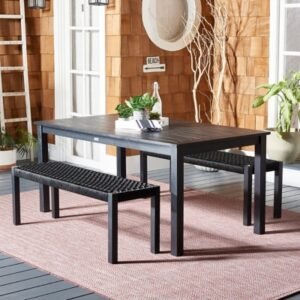 Safavieh Aquina Outdoor Dining Table and 2 Benches, Black/Black