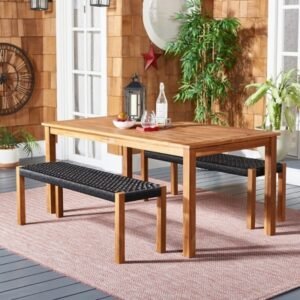 Safavieh Aquina Outdoor Dining Table and 2 Benches, Natural/Black