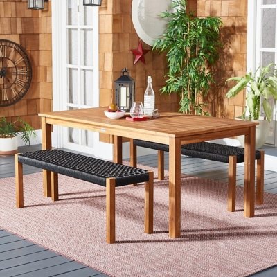 Safavieh Aquina Outdoor Dining Table and 2 Benches, Natural/Black