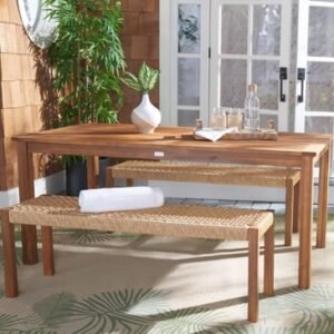 Safavieh Aquina Outdoor Dining Table and 2 Benches, Natural/Natural