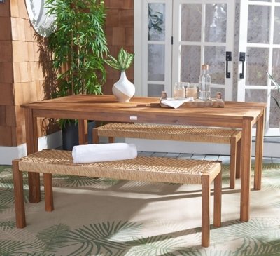 Safavieh Aquina Outdoor Dining Table and 2 Benches, Natural/Natural
