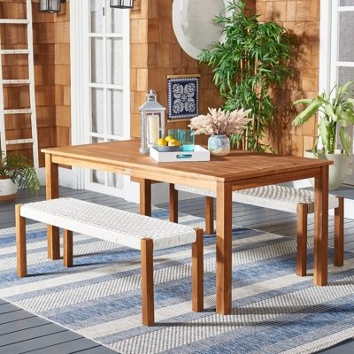 Safavieh Aquina Outdoor Dining Table and 2 Benches, Natural/White