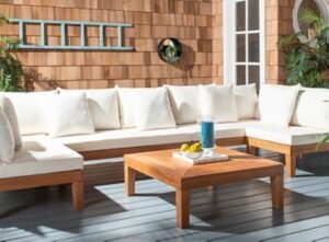 Safavieh Granton Outdoor Sofa with Coffee Table, Teak/Beige