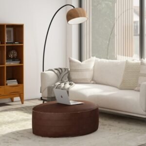 Simpli Home Brody Round Coffee Table Pouf, Distressed Dark Brown