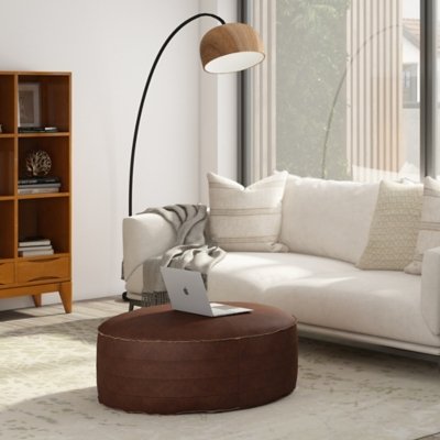 Simpli Home Brody Round Coffee Table Pouf, Distressed Dark Brown
