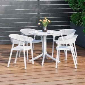 Westin Furniture Frond & Form Outdoor Round Dining Table and 4 Scoop Back Chairs, White