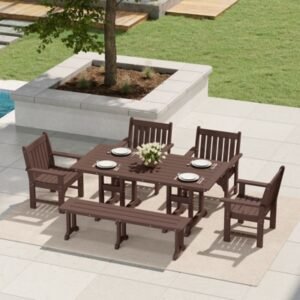 Westin Furniture Laguna Outdoor Dining Table and 4 Arm Chairs and Bench, Dark Brown