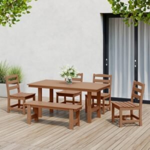 Westin Furniture Shoreside Outdoor Dining Table and 4 Armless Chairs and Bench, Teak