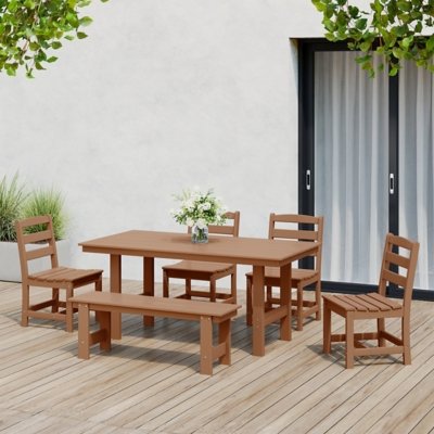 Westin Furniture Shoreside Outdoor Dining Table and 4 Armless Chairs and Bench, Teak