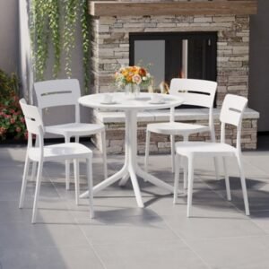 Westin Furniture Frond & Form Outdoor Round Dining Table and 4 Open Back Chairs, White