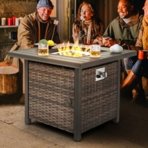 Nuu Garden Outdoor 30″ Square Rattan Fire Pit Table, Brown