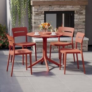Westin Furniture Frond & Form Outdoor Round Dining Table and 4 Open Back Chairs, Red
