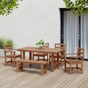 Westin Furniture Shoreside Outdoor Dining Table and 4 Arm Chairs and Bench, Teak
