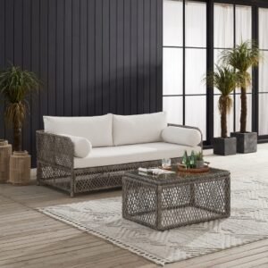 Crosley Furniture Granite Bay Outdoor Sofa with Coffee Table, Creme