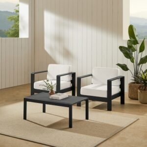 Linon Rosemary Outdoor Lounge Chair and Coffee Table, Black