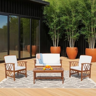 Linon Walton Outdoor Bench and 2 Armchairs with Coffee Table, Brown