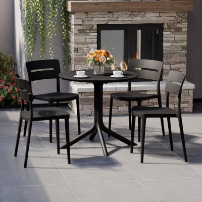 Westin Furniture Frond & Form Outdoor Round Dining Table and 4 Open Back Chairs, Black
