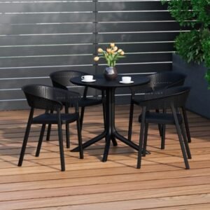 Westin Furniture Frond & Form Outdoor Round Dining Table and 4 Scoop Back Chairs, Black