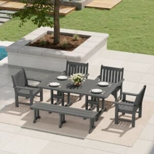 Westin Furniture Laguna Outdoor Dining Table and 4 Arm Chairs and Bench, Gray