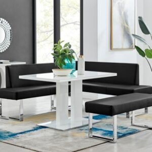 Armen Living Amanda Dining Table with Nook Sofa and Bench, Black