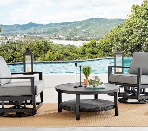 Armen Living Cayman Outdoor Coffee Table with 2 Chairs, Dark Gray