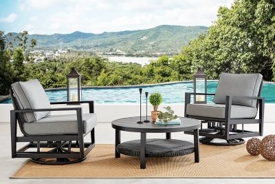 Armen Living Cayman Outdoor Coffee Table with 2 Chairs, Dark Gray
