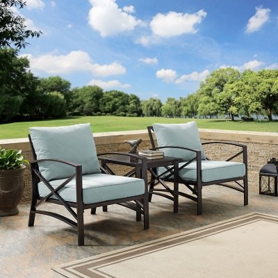 Crosley Furniture Kaplan Outdoor Coffee Table and 2 Armchairs, Mist