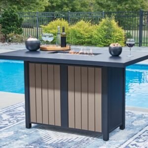 Mabry Shores Outdoor Bar Table with Fire Pit, Navy Blue/Driftwood