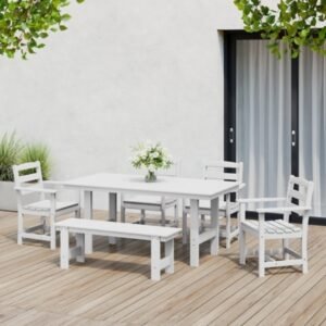 Westin Furniture Shoreside Outdoor Dining Table and 4 Arm Chairs and Bench, White