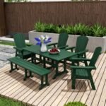 Altura Adirondack Outdoor Rectangle Table and 4 Chairs and Bench, Dark Green