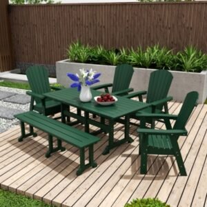Altura Adirondack Outdoor Rectangle Table and 4 Chairs and Bench, Dark Green