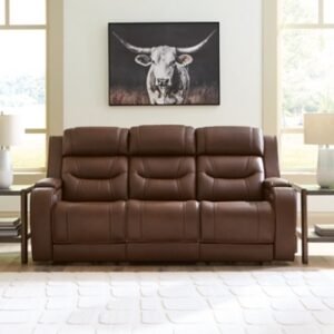 Dreamer Dual Power Leather Reclining Sofa with Audio Seating Leather, Brown