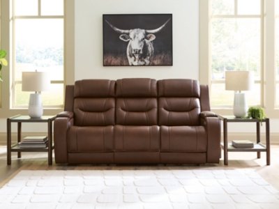Dreamer Dual Power Leather Reclining Sofa with Audio Seating Leather, Brown