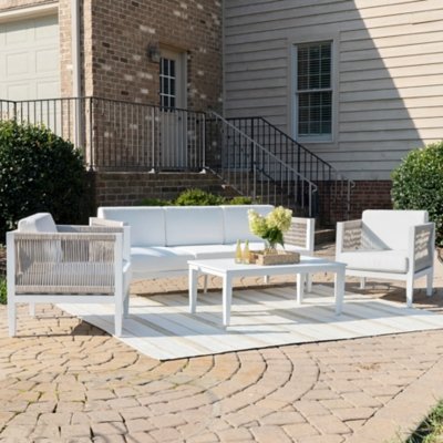 Linon Carter Outdoor Sofa with Coffee Table and 2 Armchairs, White