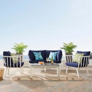 Modway Riverside Outdoor Loveseat with Coffee Table and 2 Armchairs, Navy