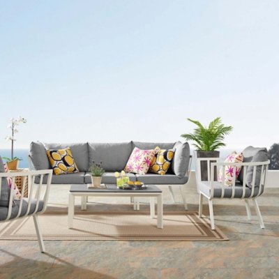 Modway Riverside Outdoor Sofa with Armchair and Coffee Table, White/Gray