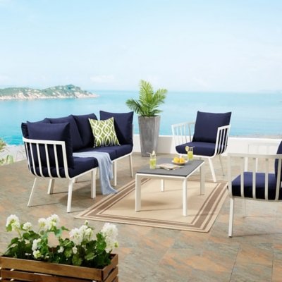 Modway Riverside Outdoor Sofa with Armchair and Coffee Table, White/Navy