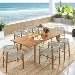 Modway Vienna Outdoor Dining Table and 6 Curved-Back Armchairs, Natural