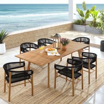 Modway Vienna Outdoor Dining Table and 6 Curved-Back Armchairs, Natural/Black