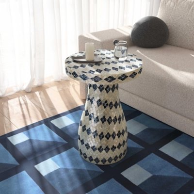 TOV Furniture Halio Checkered Side Table, Blue/Cream