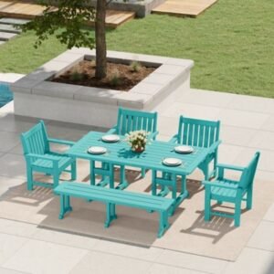 Westin Furniture Laguna Outdoor Dining Table and 4 Arm Chairs and Bench, Turquoise
