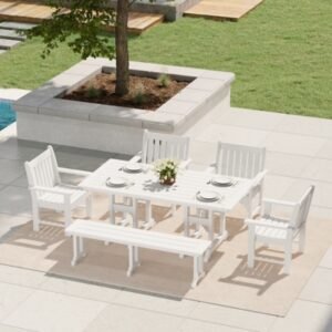 Westin Furniture Laguna Outdoor Dining Table and 4 Arm Chairs and Bench, White