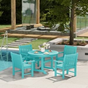 Westin Furniture Laguna Outdoor Patio Round Table and 4 Arm Chairs, Turquoise