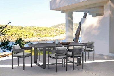 Armen Living Menorca Outdoor Dining Table and 6 chairs, Dark Gray