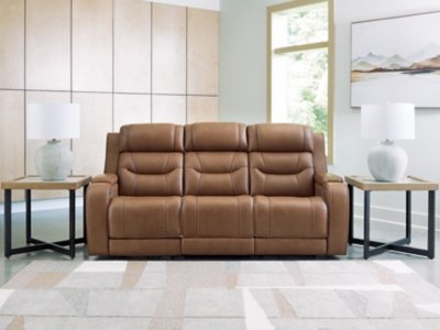 Dreamer Dual Power Leather Reclining Sofa with Audio Seating Leather, Caramel
