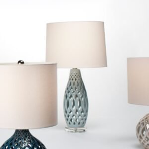 Filigree Table Lamp in Pale Blue Ceramic with Cone Shade in White Linen