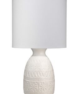 Frieze Table Lamp in White Ceramic with Drum Shade in White Linen