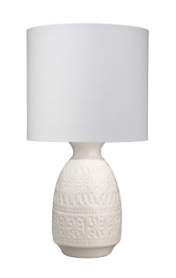 Frieze Table Lamp in White Ceramic with Drum Shade in White Linen